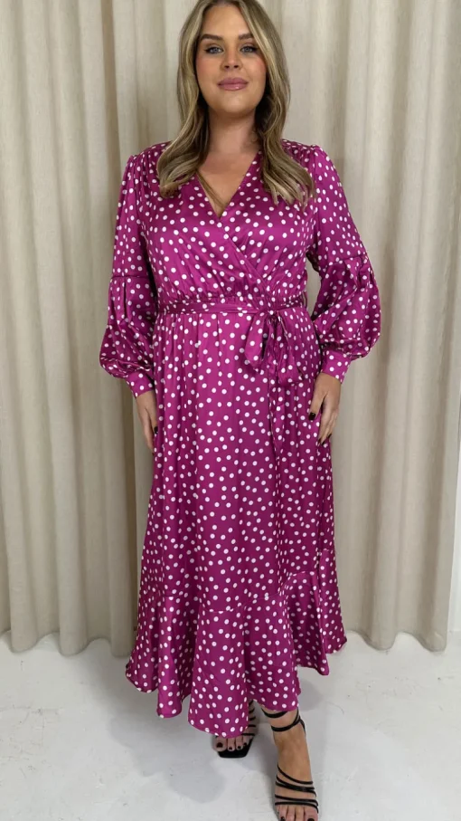 CurveWow Printed Wrap Dress Magenta Spot