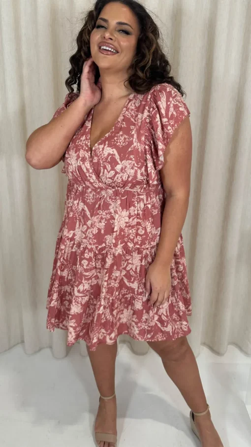 CurveWow Printed Wrap Frill Cap Sleeve Dress Pink Floral