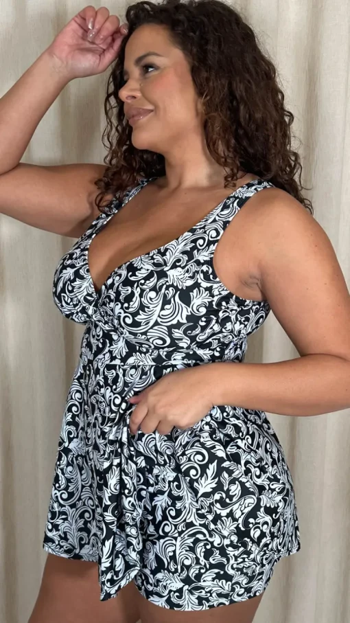CurveWow Printed Wrap Swimdress Black Baroque