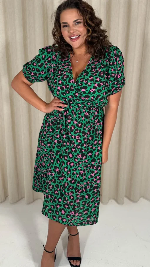 CurveWow Puff Sleeve Wrap Midi Dress Green Animal