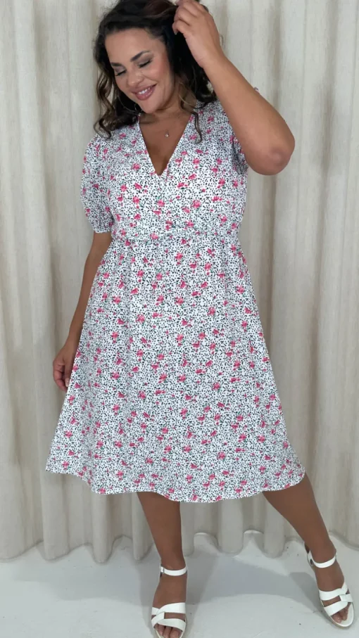 CurveWow Puff Sleeve Wrap Midi Dress Pink Floral Spot