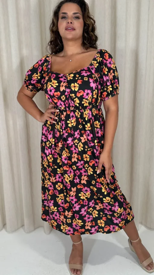 CurveWow Ruched Front Milk Maid Midi Dress Floral