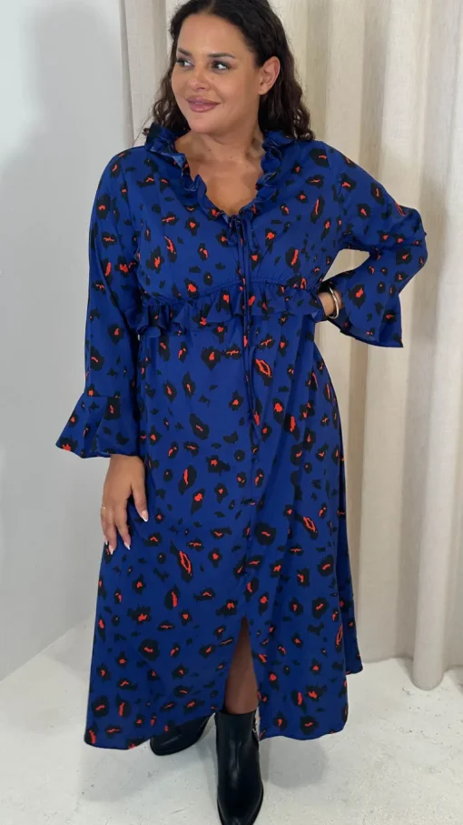 CurveWow Ruffle Button Front Flare Sleeve Midi Dress Blue Animal