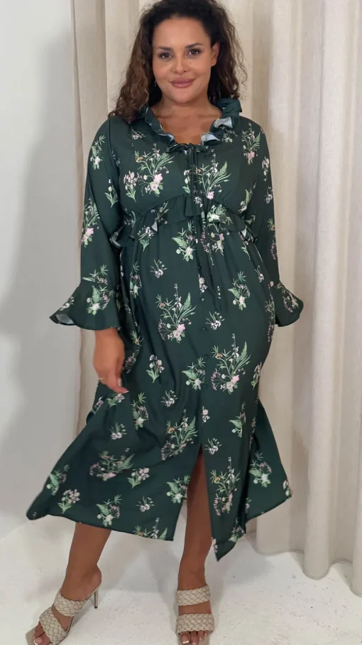 CurveWow Ruffle Button Front Flare Sleeve Midi Dress Green Floral