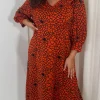 CurveWow Ruffle Shoulder V Neck Midi Dress Rust Grid