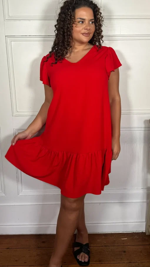 CurveWow Ruffle Tiered Mini Dress Red