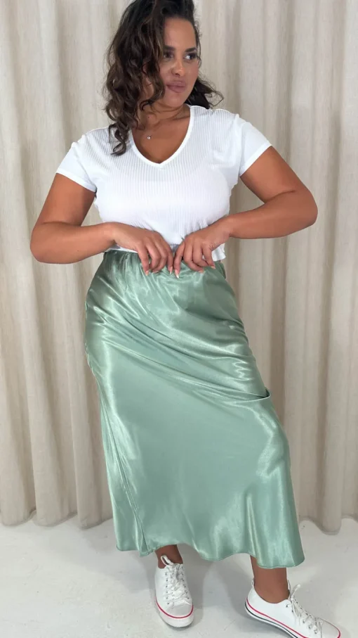 CurveWow Satin Midi Skirt Sage