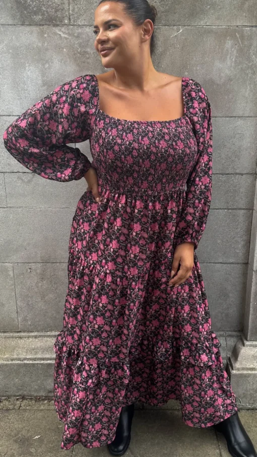 CurveWow Shirred Top Maxi Dress Red Floral