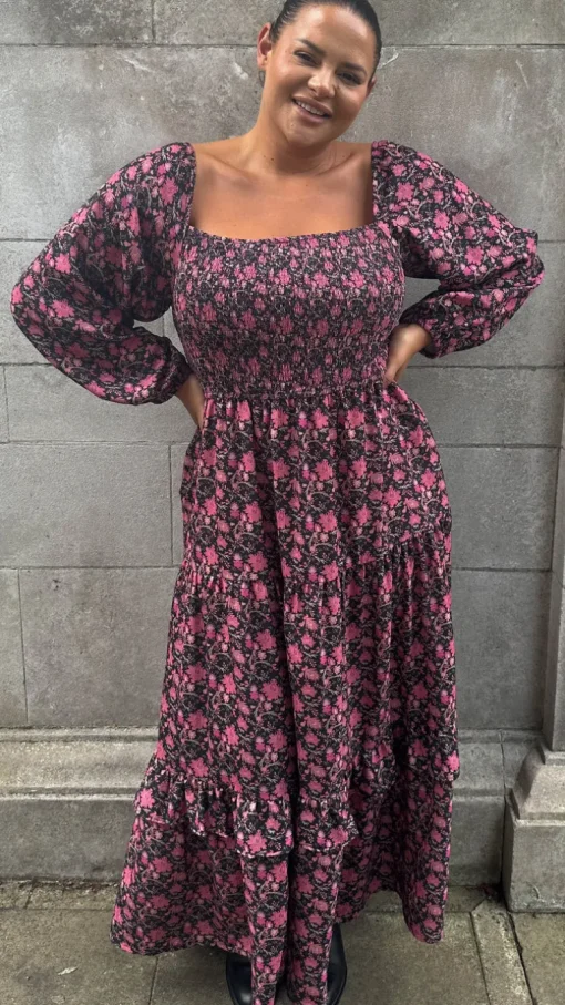 CurveWow Shirred Top Maxi Dress Red Floral