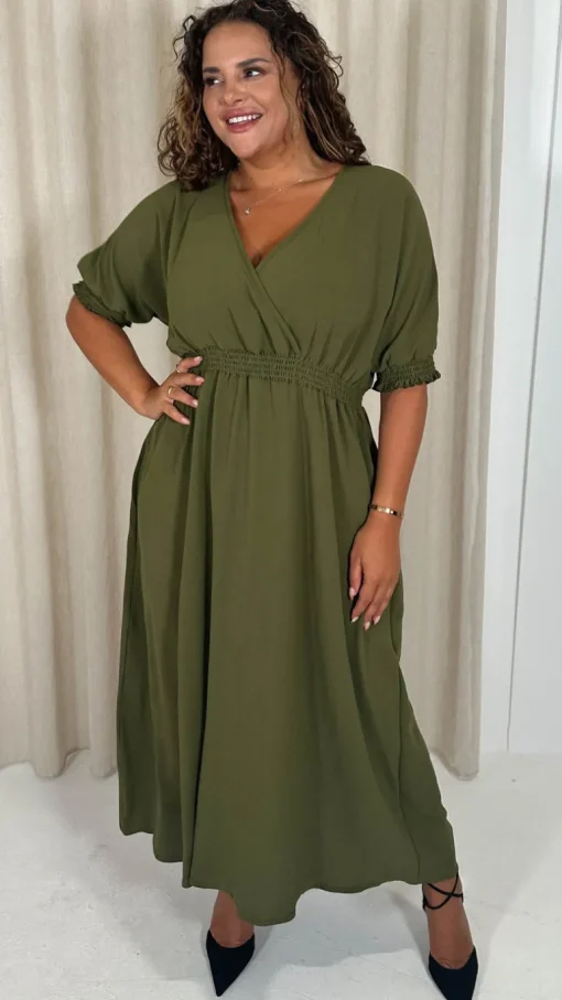 CurveWow Shirred Waist Cuff Midaxi Dress Khaki