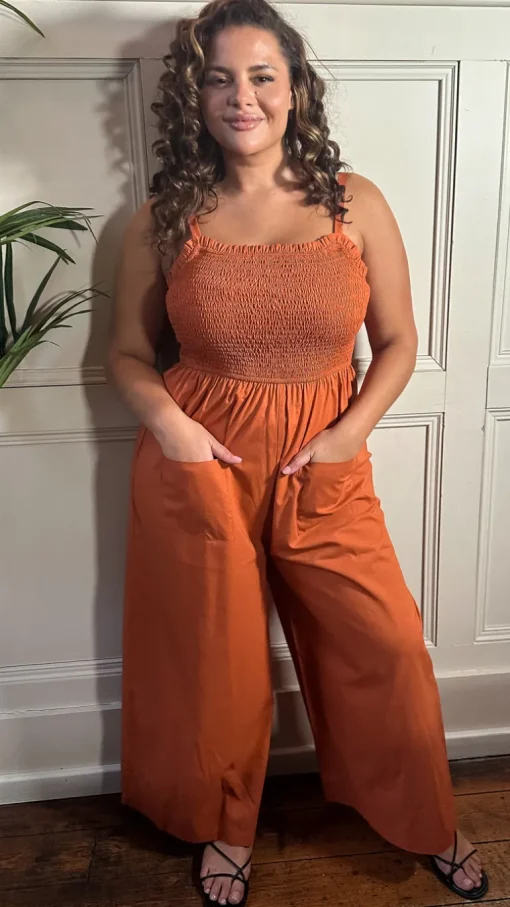 CurveWow Slub Shirred Pocket Jumpsuit Rust
