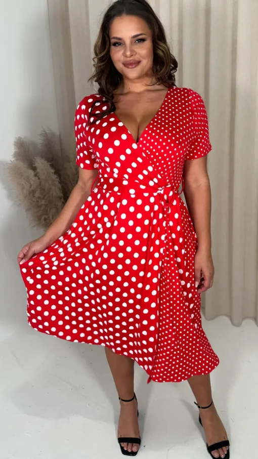 CurveWow Spliced Wrap Dress Red Polka Dot