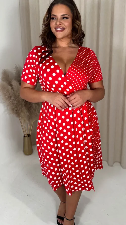 CurveWow Spliced Wrap Dress Red Polka Dot