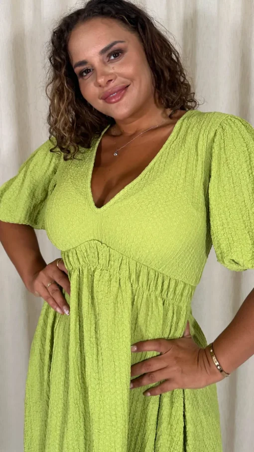 CurveWow Texture V Neck Midi Dress Lime