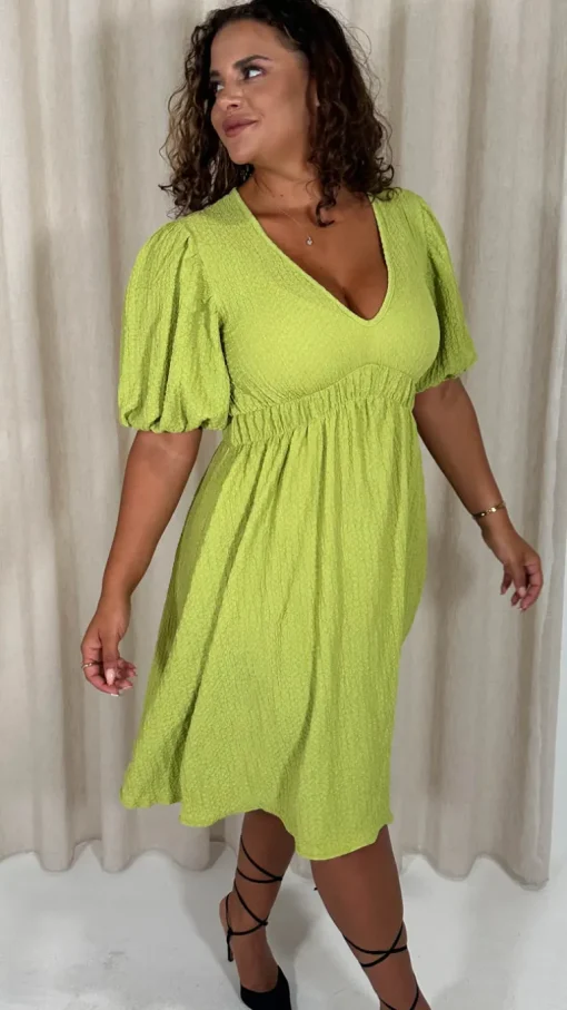 CurveWow Texture V Neck Midi Dress Lime