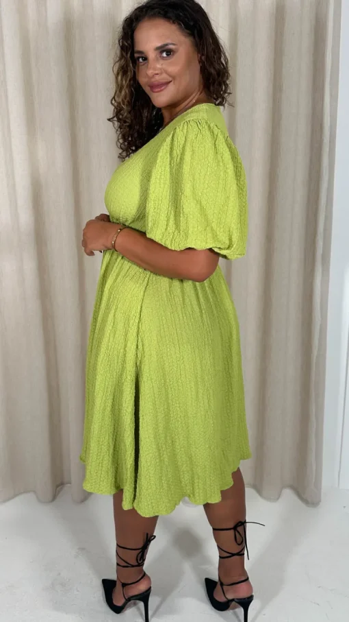 CurveWow Texture V Neck Midi Dress Lime