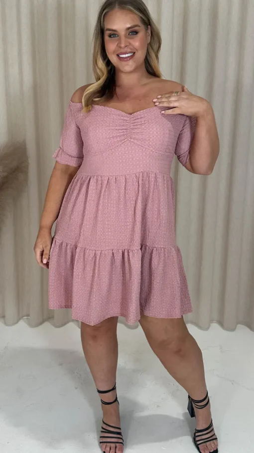 CurveWow Textured Bardot Smock Dress Pink