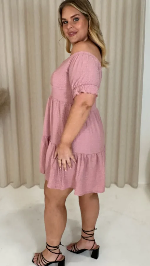 CurveWow Textured Bardot Smock Dress Pink