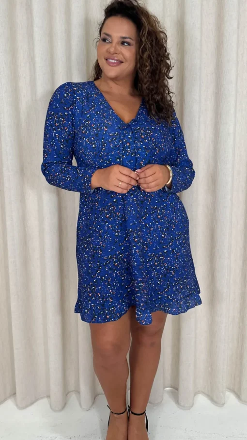 CurveWow Tie Front Mini Dress Blue Animal