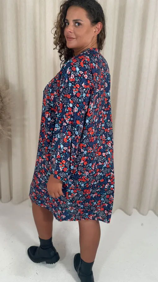 CurveWow Tie Neck Swing Dress Navy/Red Floral