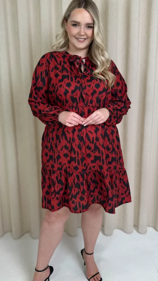 CurveWow Tie Neck Tiered Mini Dress Red Animal