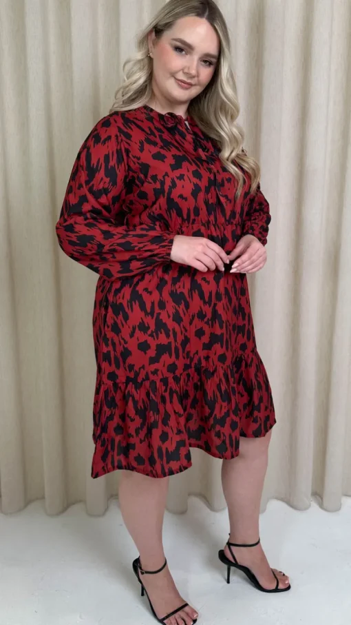 CurveWow Tie Neck Tiered Mini Dress Red Animal