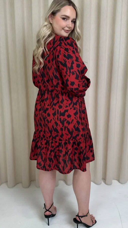CurveWow Tie Neck Tiered Mini Dress Red Animal