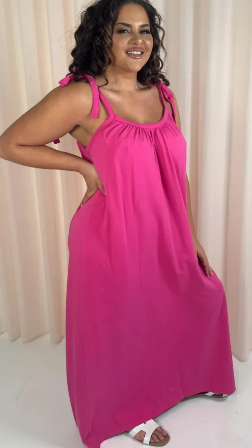 CurveWow Tie Strap Maxi Dress Fuchsia