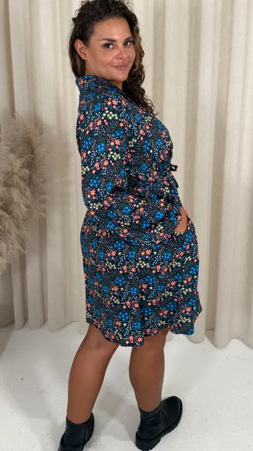 CurveWow Tie Waist Shirt Mini Dress Multi Floral
