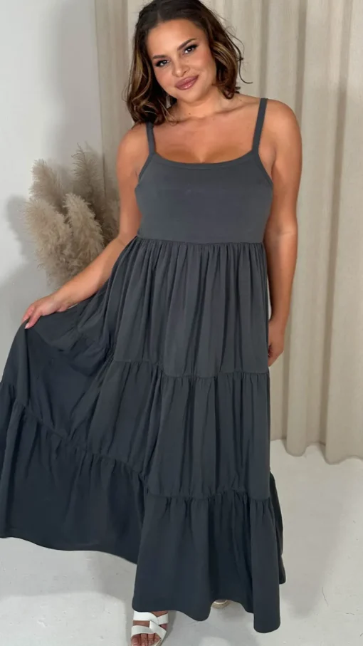 CurveWow Tiered Maxi Dress Charcoal Grey