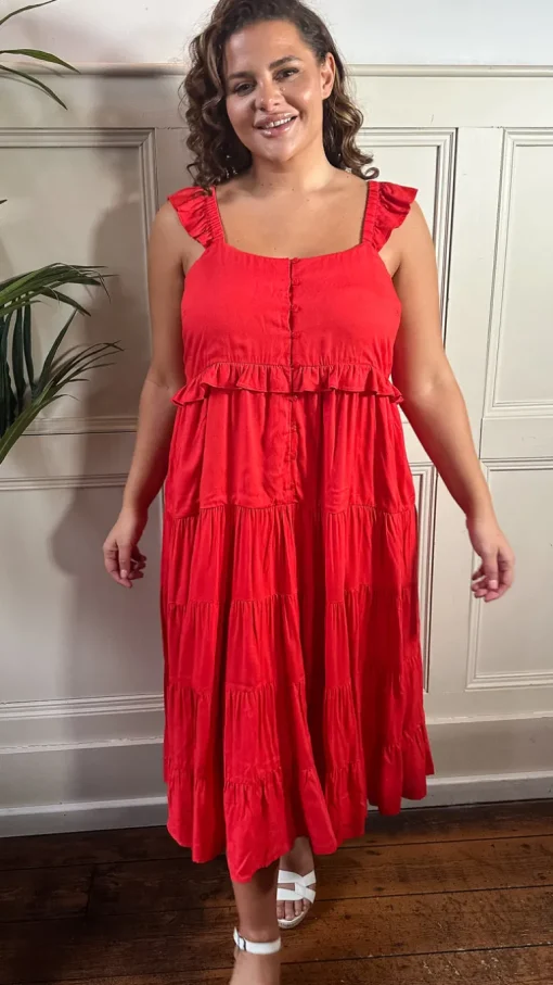 CurveWow Tiered Maxi Dress Red