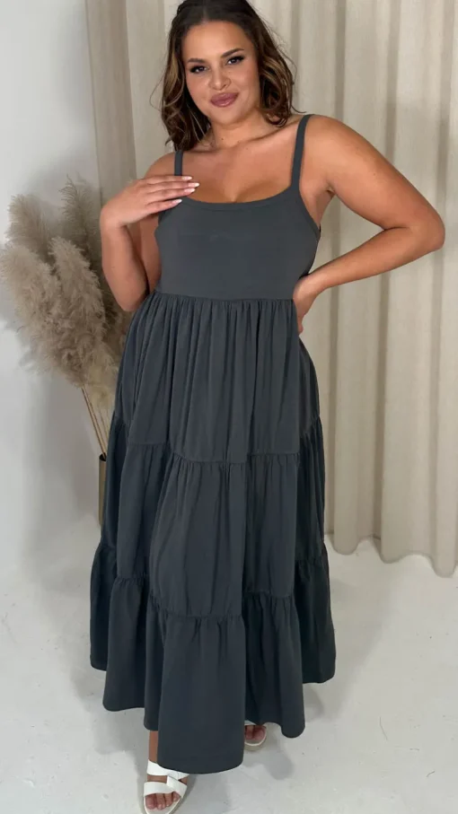 CurveWow Tiered Maxi Dress Charcoal Grey