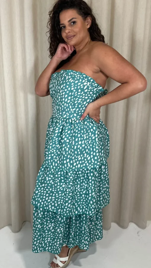 CurveWow Tiered Maxi Dress Green Smudge