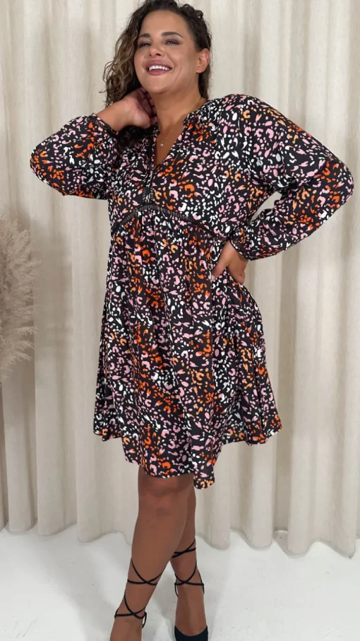 CurveWow Trim Detail Smock Dress Mixed Animal