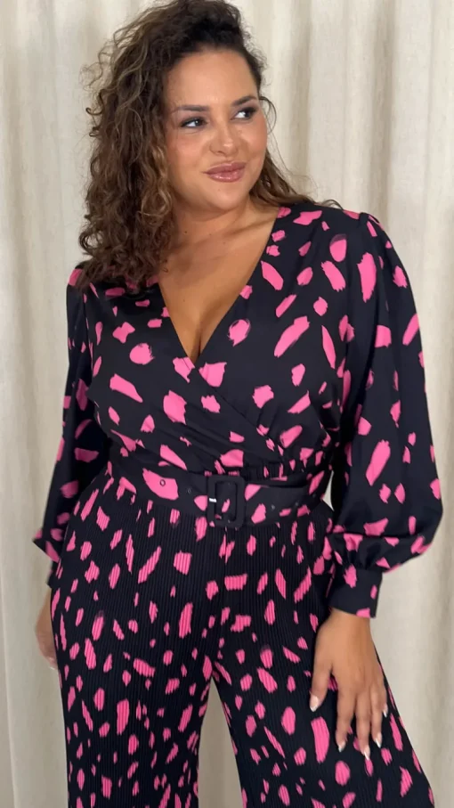 CurveWow V Neck Pleated Jumpsuit Black/Pink Spot