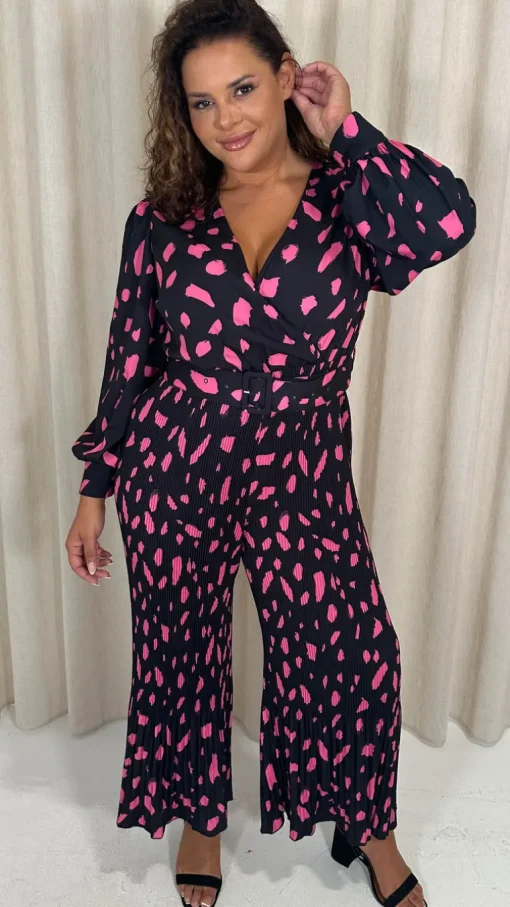 CurveWow V Neck Pleated Jumpsuit Black/Pink Spot