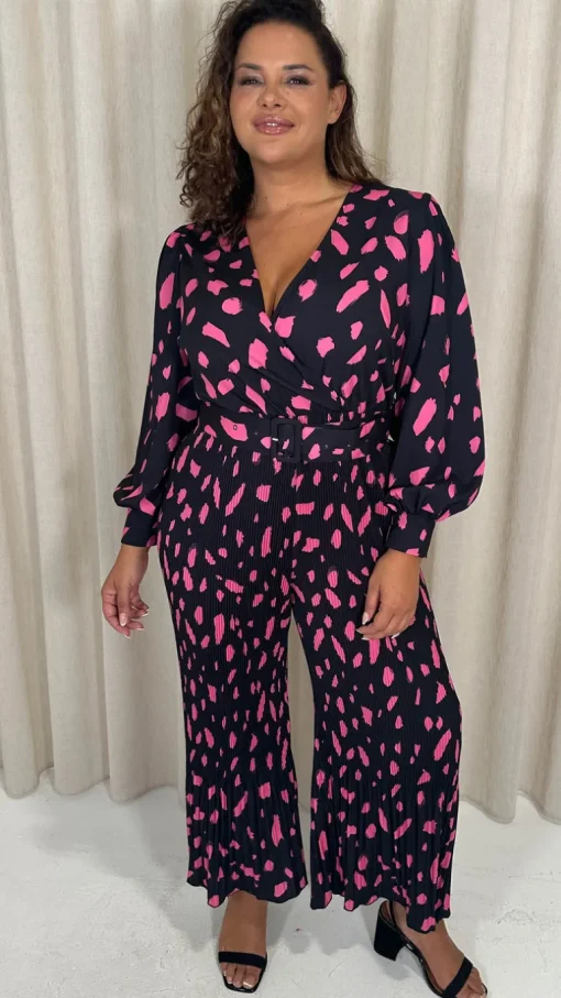 CurveWow V Neck Pleated Jumpsuit Black/Pink Spot