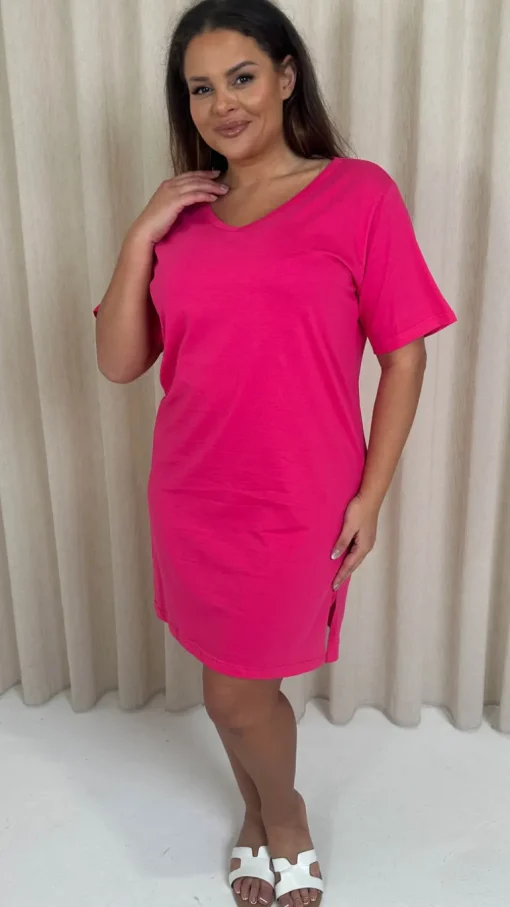 CurveWow V Neck Shirt Dress Fuchsia
