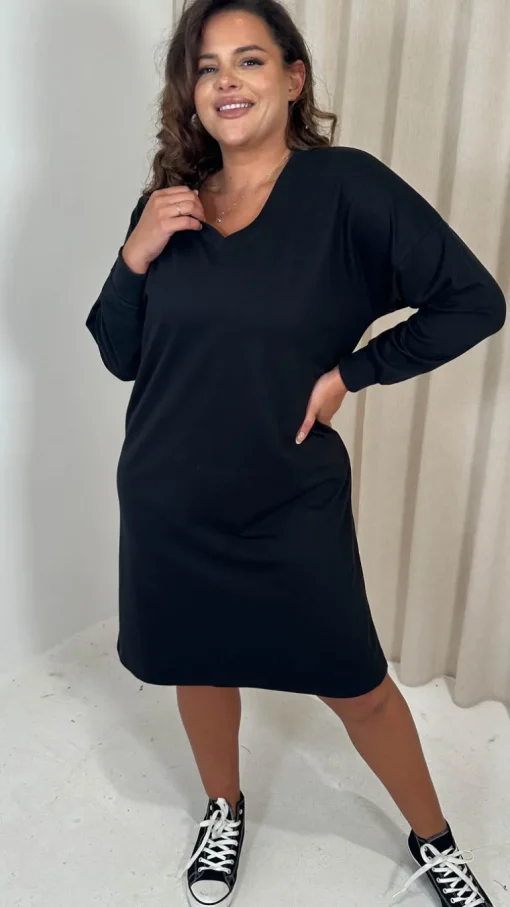 CurveWow V Neck Sweatshirt Dress Black