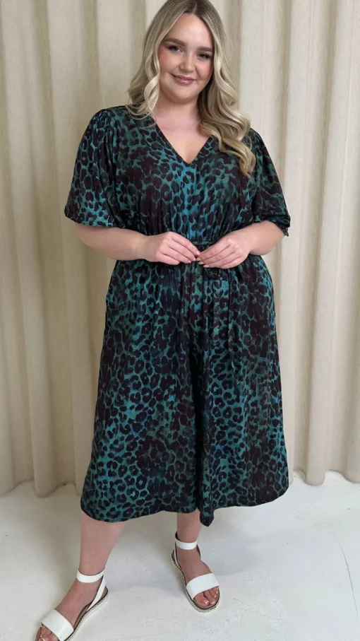 CurveWow V Neck Tie Waist Culotte Jumpsuit Green Animal
