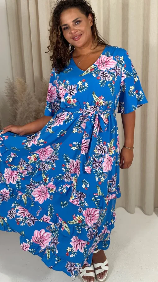 CurveWow V-Neck Ruffle Hem Floral Maxi Dress Blue Tropical