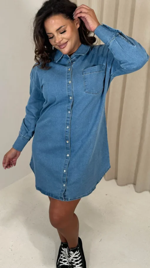 CurveWow Washed Look Denim Shirt Dress Mid Blue