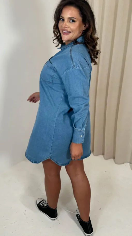 CurveWow Washed Look Denim Shirt Dress Mid Blue