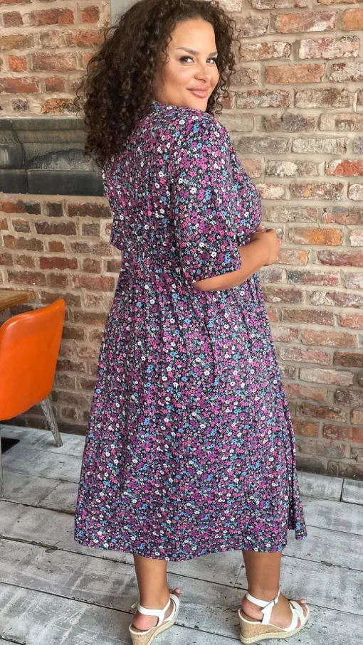 CurveWow Wrap Midi Dress Black Multi Floral